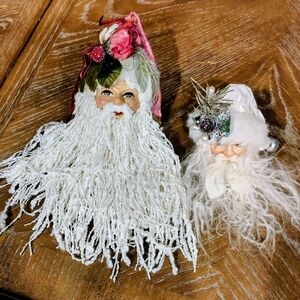 2 Festive Santa Claus Holiday Ornaments - White and Pink